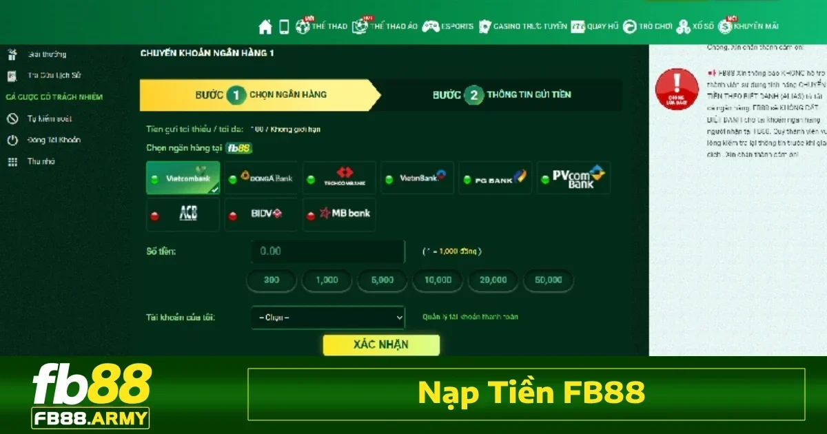 Để nạp tiền vào tài khoản tại nền tảng Fb88, người chơi thực hiện các bước cực kỳ đơn giản